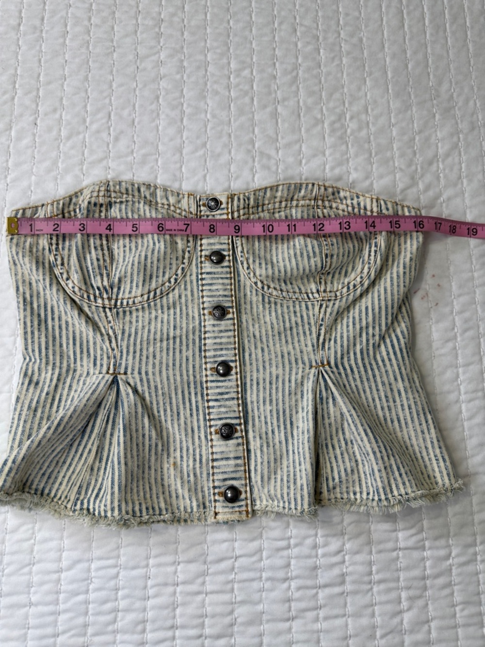 Pilcro By Anthropologie Cream And Faded Blue Striped Strapless Peplum Corset Top - Picture 4 of 16
